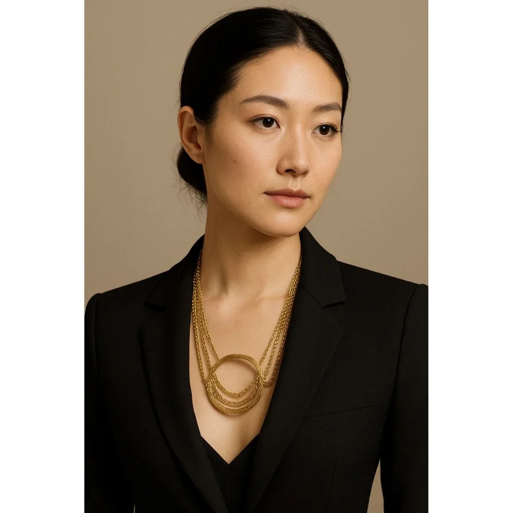 Superstar Gold Tone‎ Triple Chain Layered Hoop Pendant Necklace Y2K Quiet Luxury